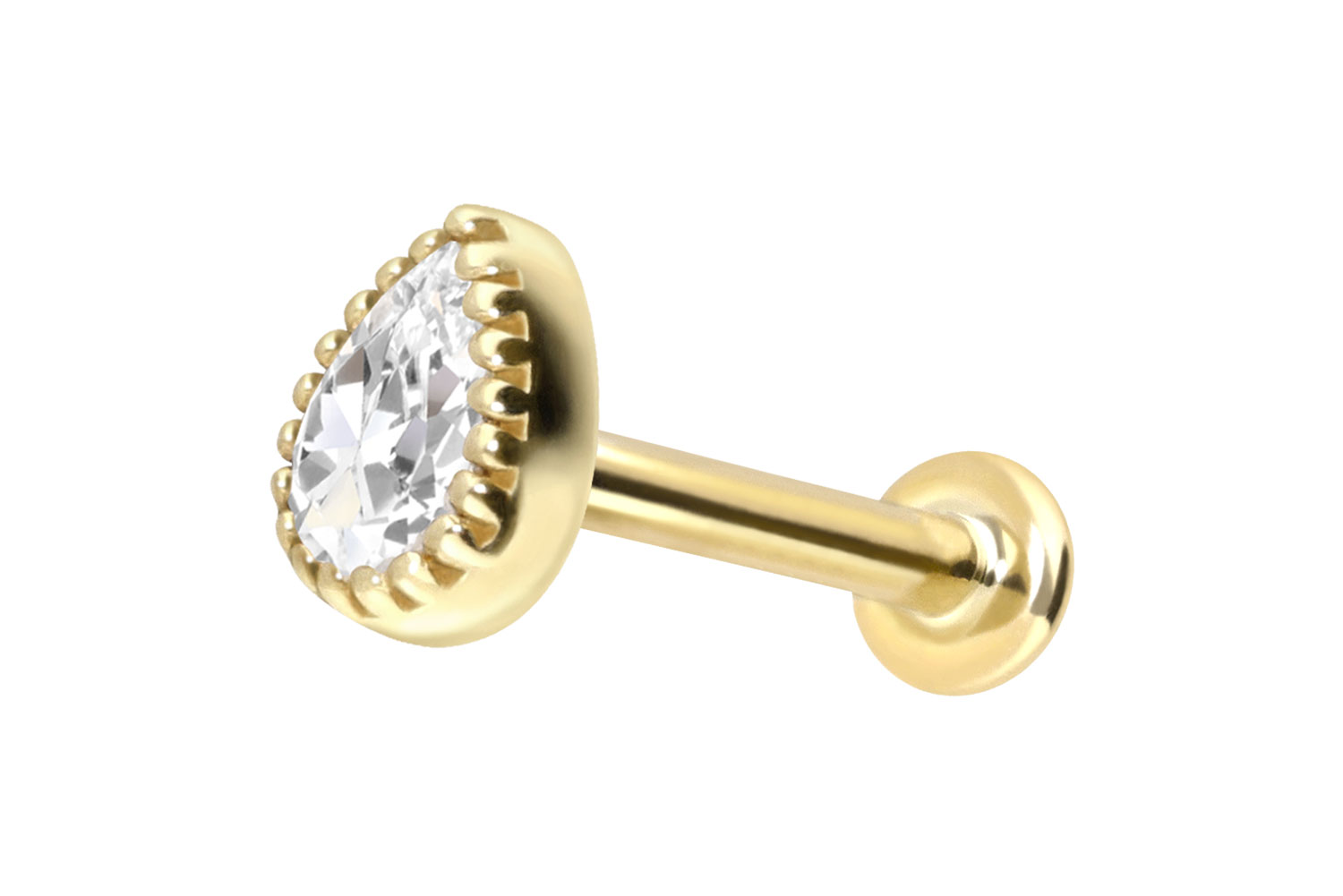 14 Karat Gold Labret Piercing mit Push Fit MOISSANIT-TROPFEN